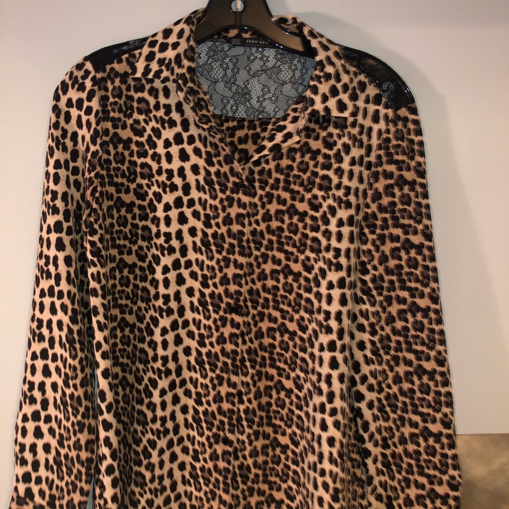 Zara leopard print black lace button down XS